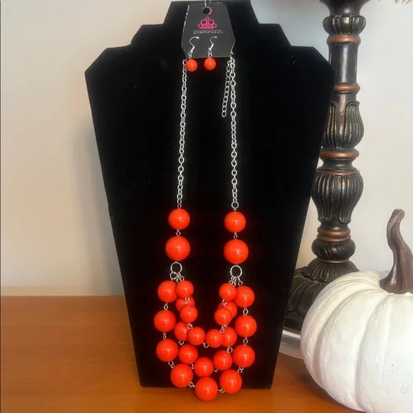 Bold Orange Beaded Necklace and Earring Set - Picture 3 of 4